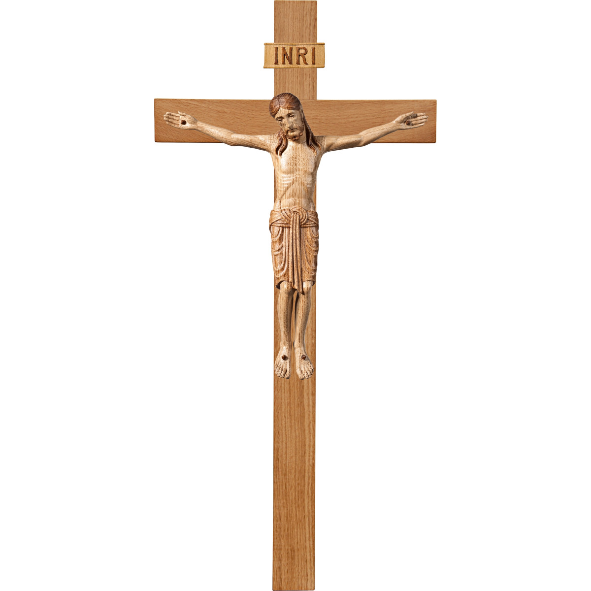 Cristo Románico en cruz de roble simple ancha